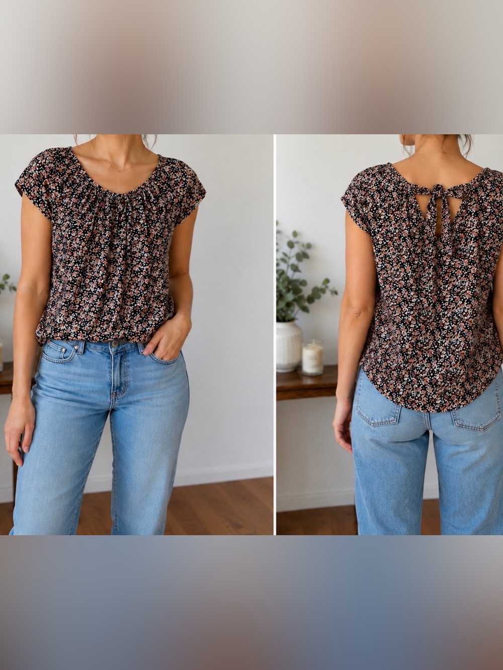 LC Lauren Conrad Women’s Floral Short Sleeve Blouse - Black with Pink Floral